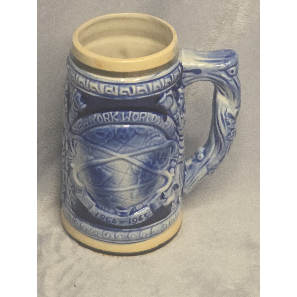 1964–65 NY World’s Fair Unisphere Blue Ceramic Beer Stein Mug – Vintage